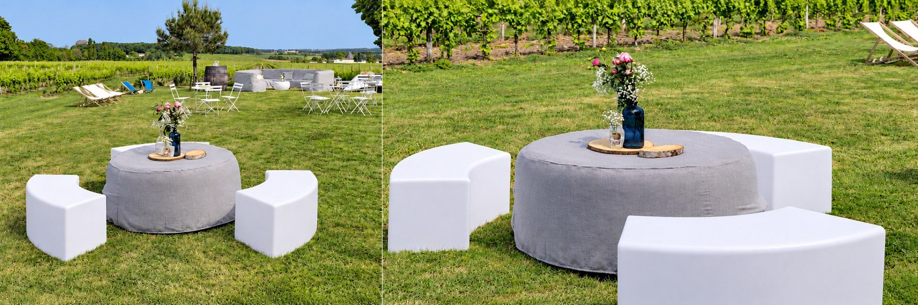 Deux vues de bancs blancs arrondis autour d’une table grise dans un jardin