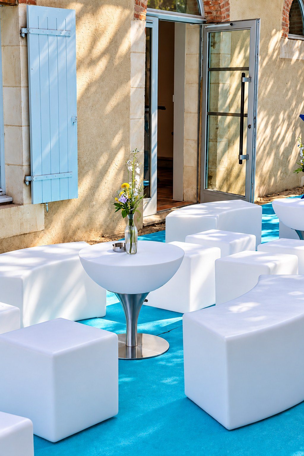 Bancs blancs arrondis, cubes et table basse sur un tapis turquoise contre un mur de pierre