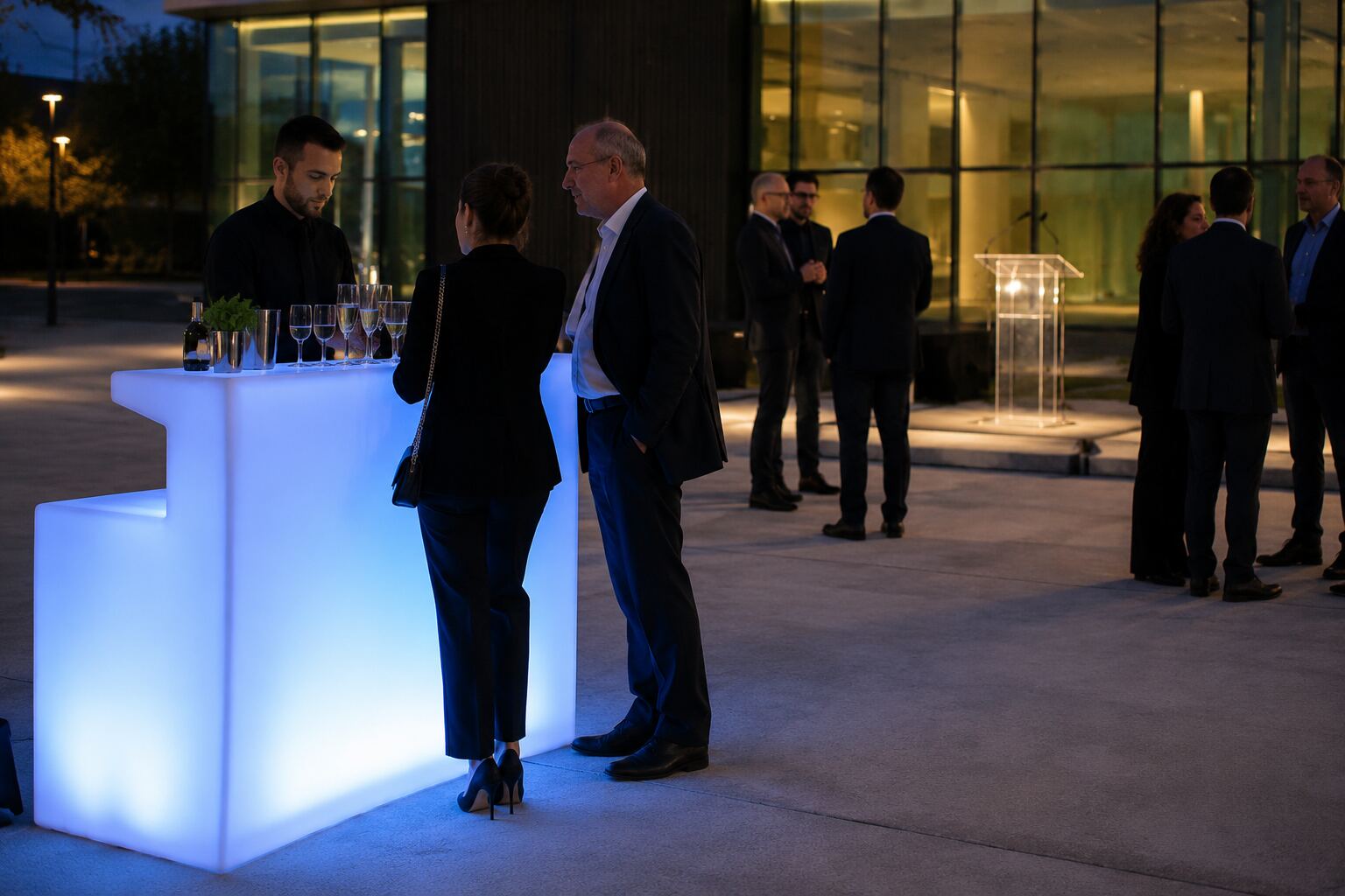 Bar LED droit bleu lors d’un cocktail d’entreprise
