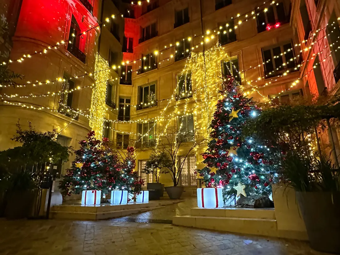 Décoration lumineuse de Noël avec cadeaux au pied de grands sapins