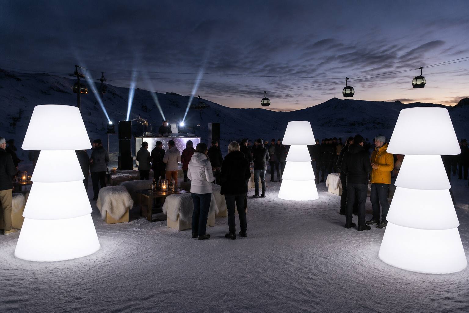 Lampadaires LED géants lors d’un après-ski en extérieur