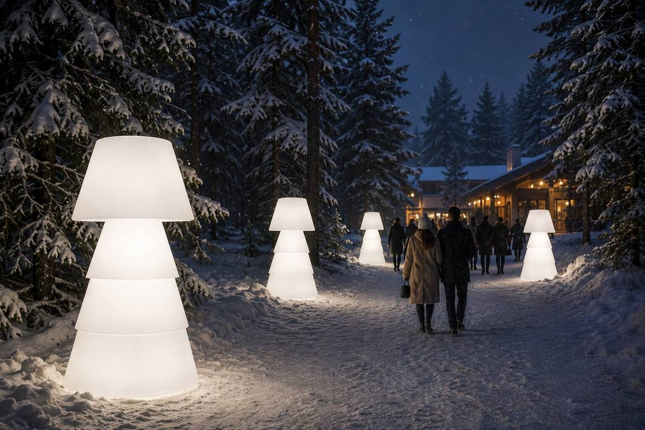 Chemin enneigé balisé par de grands lampadaires lumineux blancs