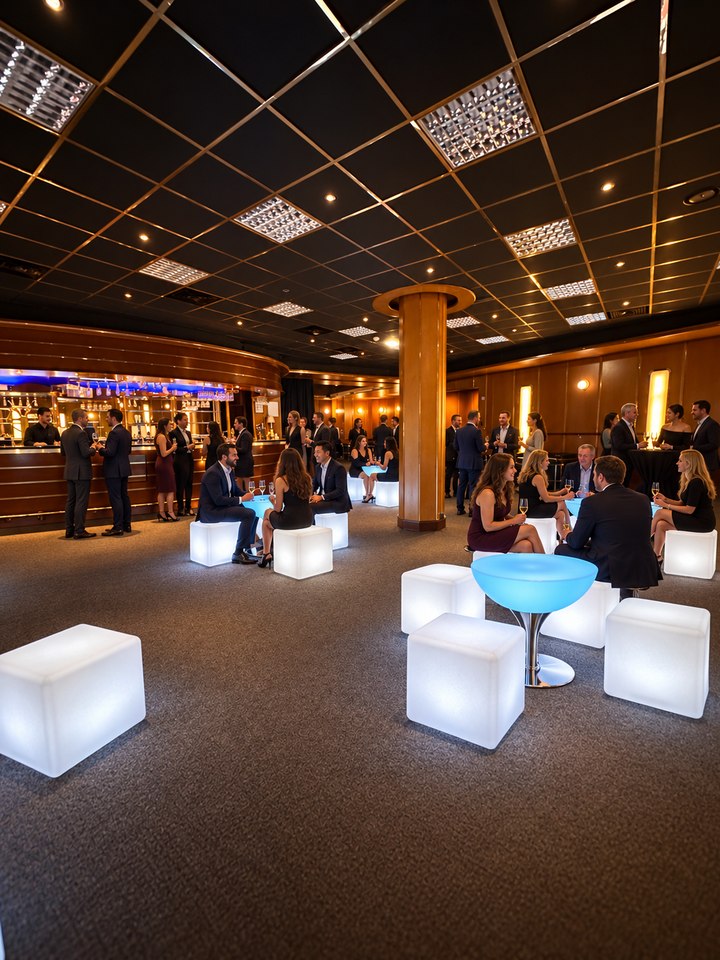 Tables Lounge bleu glacier et cubes blancs au milieu des convives en salle