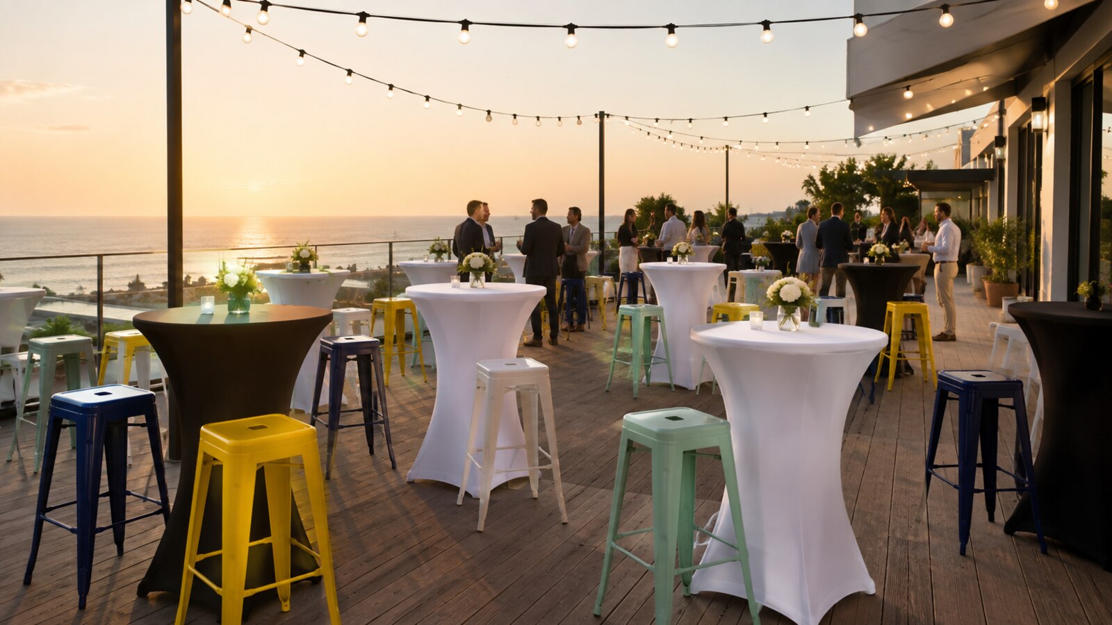 Mange-debout blancs et noirs avec tabourets colorés sur une terrasse au coucher du soleil
