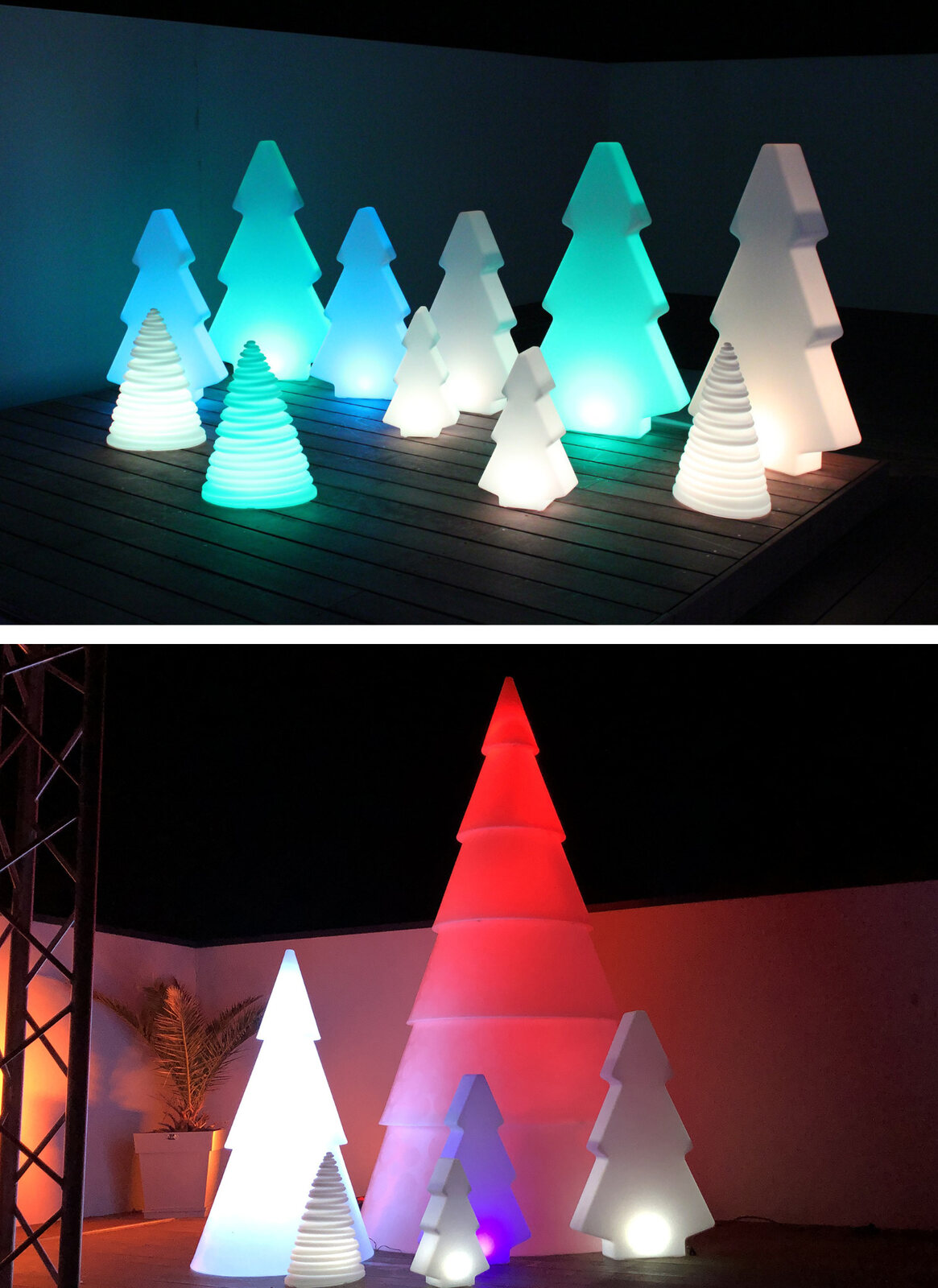 Deux compositions de sapins lumineux dans des ambiances turquoise et rouge