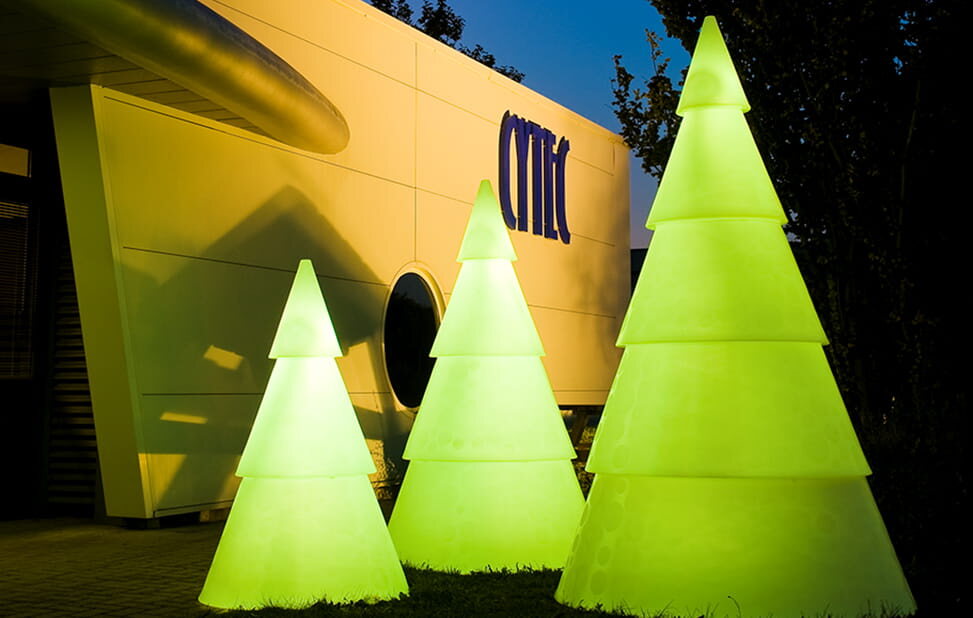 Trois sapins lumineux installés devant une façade
