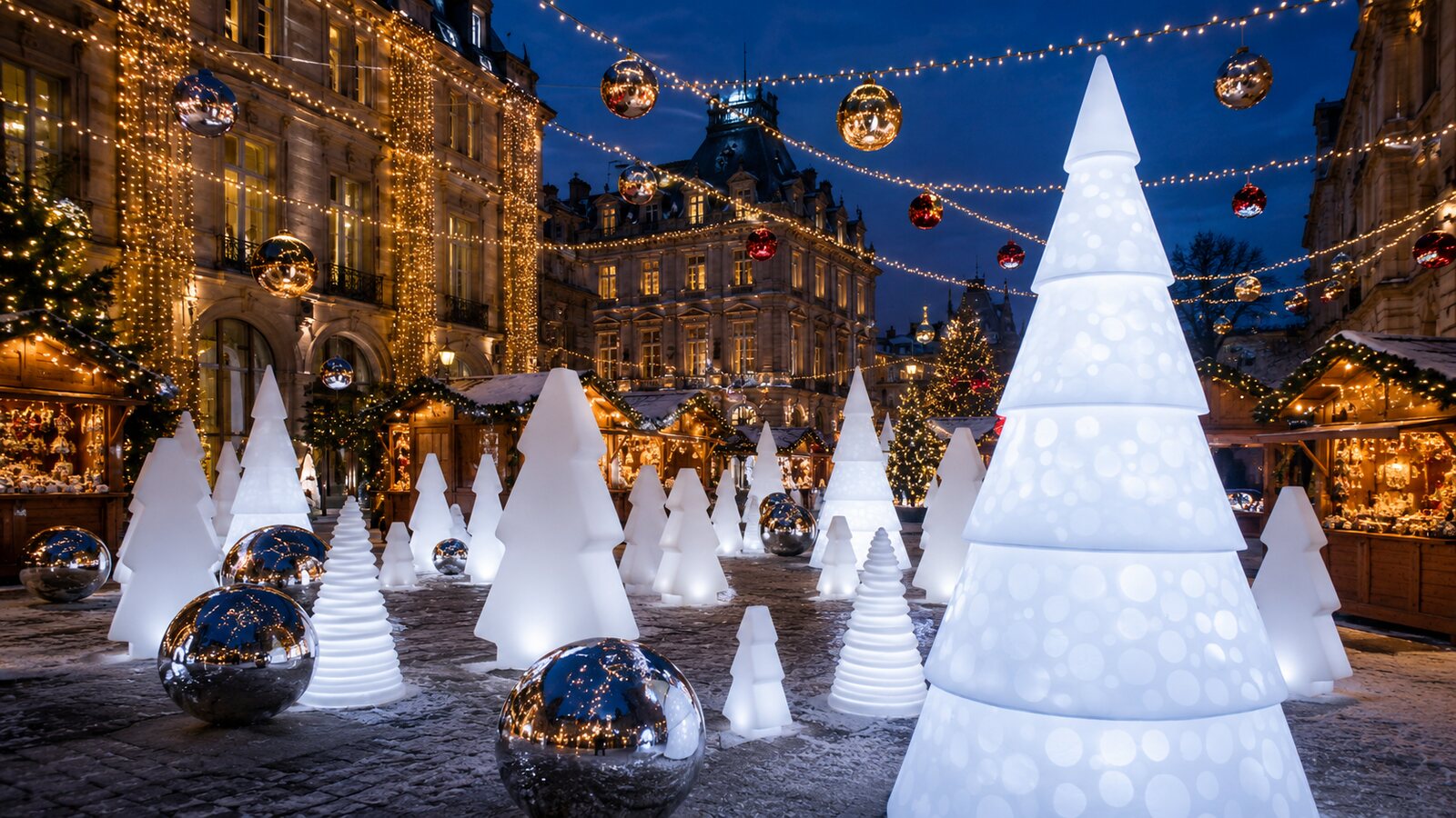 Forêt de sapins lumineux blancs installée sur un marché de Noël