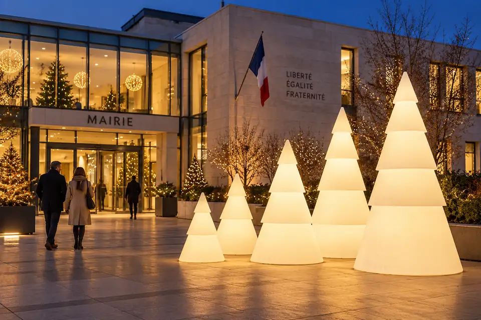 Composition de sapins lumineux Modulo blanc chaud devant une mairie contemporaine