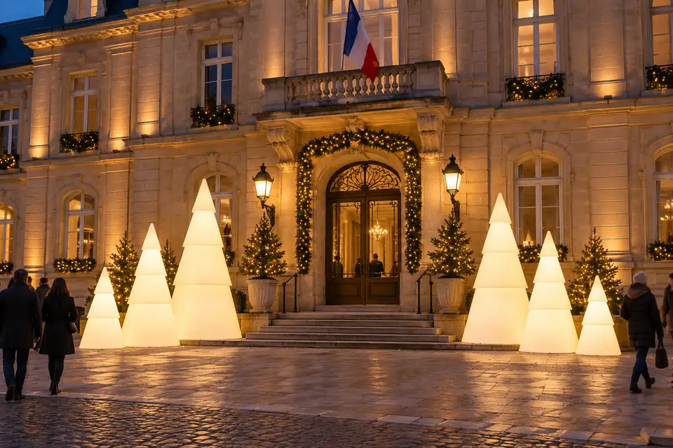 Sapins lumineux Modulo blanc chaud encadrant l’entrée d’une mairie