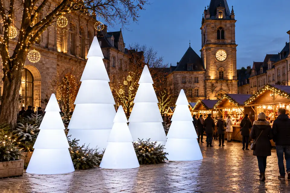 Sapins lumineux Modulo blanc chaud encadrant l’entrée d’un marché de Noël