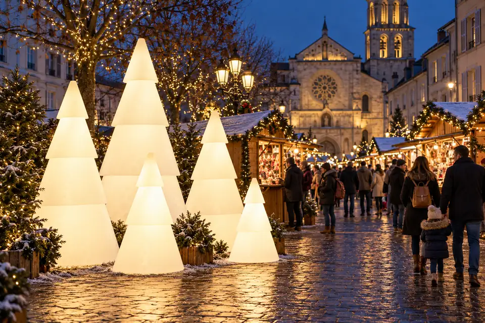Forêt de sapins lumineux Modulo blanc chaud au cœur d’un village de Noël