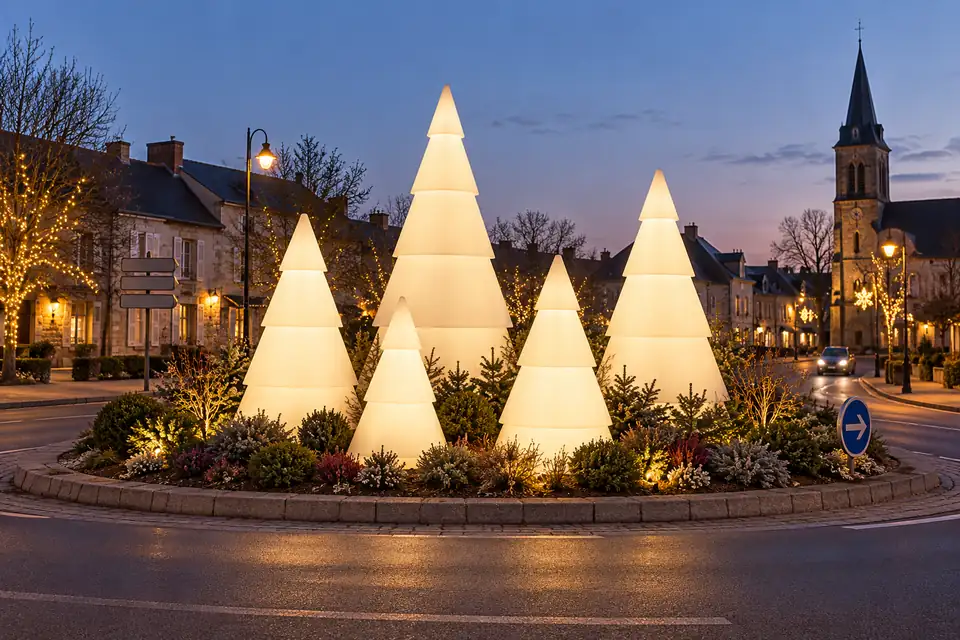Sapins lumineux Modulo de différentes hauteurs sur un rond-point de centre-ville