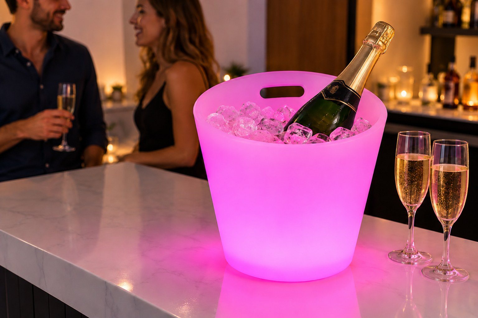 Seau lumineux à poignées rose avec une bouteille et deux flûtes