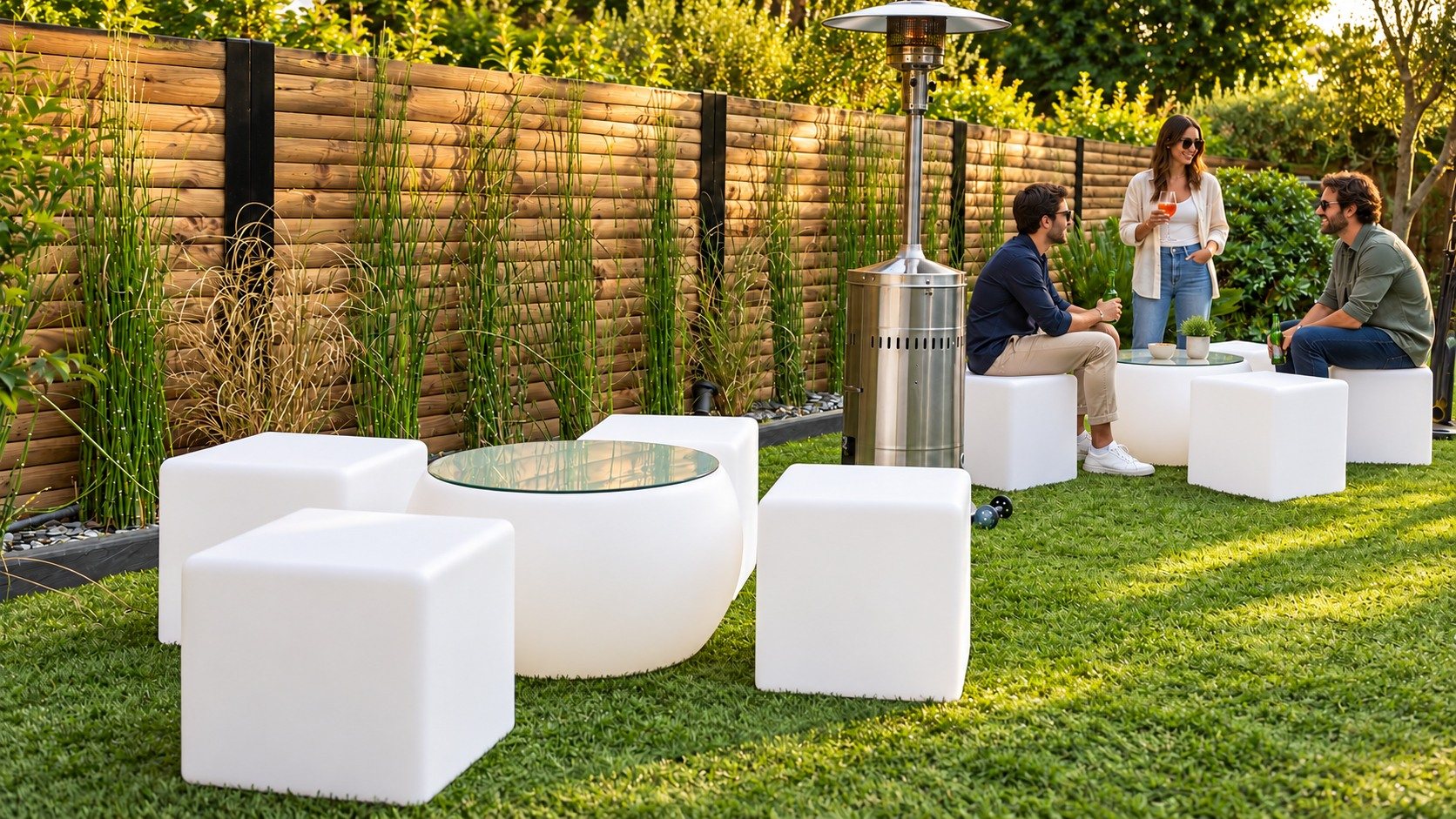 Espace de réception dans un jardin, composé de tables basses rondes et de cubes blancs
