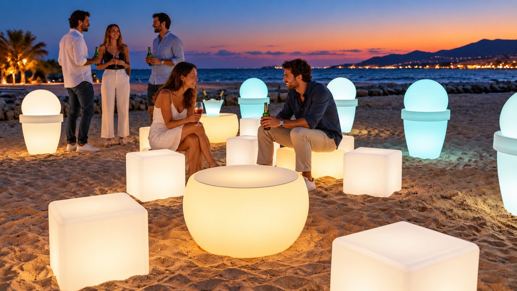 Salon de plage avec table basse lumineuse ambrée, cubes blancs et décor turquoise
