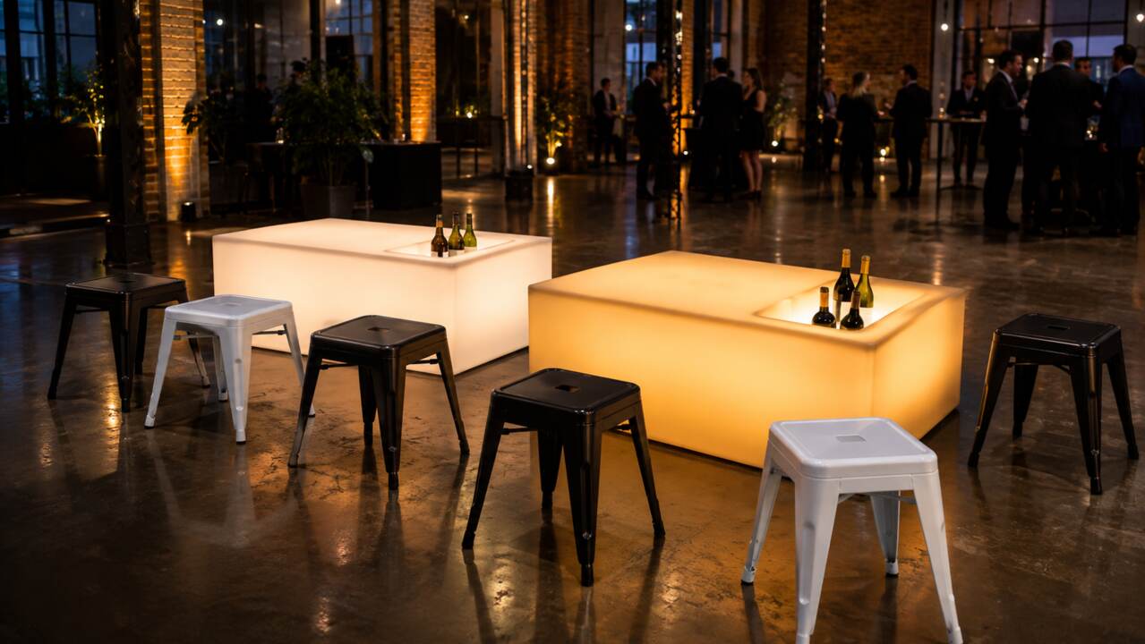 Tabourets bas acier noirs et blancs dans un loft pour une réception d’entreprise