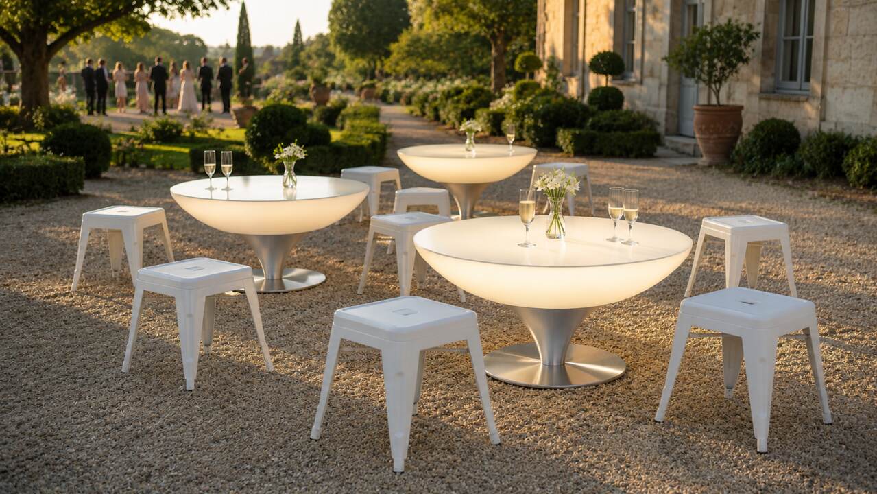 Tabourets bas acier blancs dans un jardin de réception