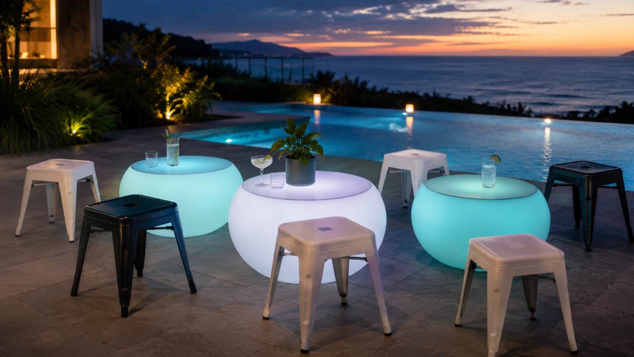 Tabourets bas acier noirs et blancs avec tables lumineuses au bord d’une piscine