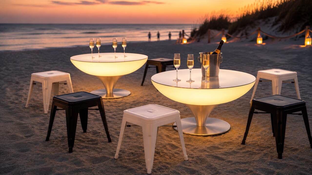 Tabourets bas acier noirs et blancs lors d’un cocktail sur la plage
