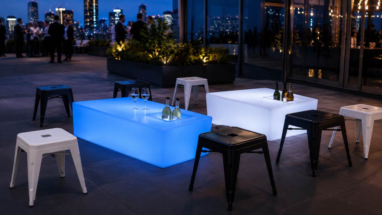 Tabourets bas acier noirs et blancs sur un rooftop